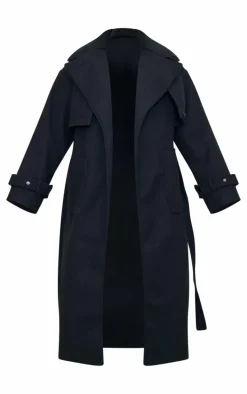 Black Maxi Panel Detail Belted Coat