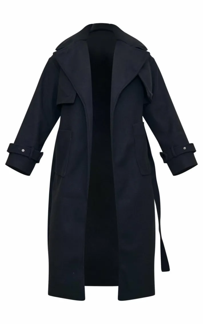 Black Maxi Panel Detail Belted Coat