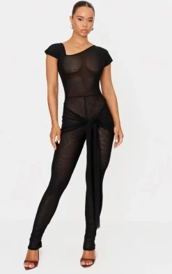 Black Mesh Asymmetric Cap Sleeve Jumpsuit
