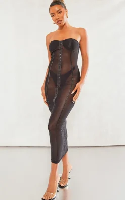 Black Mesh Bandeau Hook & Eye Binding Detail Midaxi Dress
