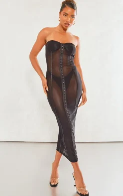 Black Mesh Bandeau Hook & Eye Binding Detail Midaxi Dress