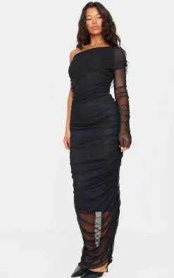 Black Mesh Bardot One Sleeve Maxi Dress