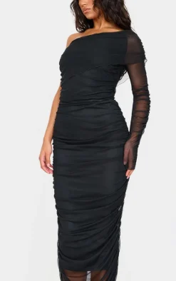 Black Mesh Bardot One Sleeve Maxi Dress