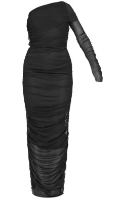 Black Mesh Bardot One Sleeve Maxi Dress