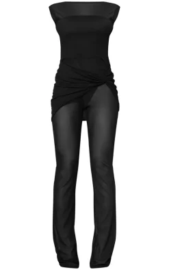 Black Mesh Boat Neck Skirt Wrap Jumpsuit