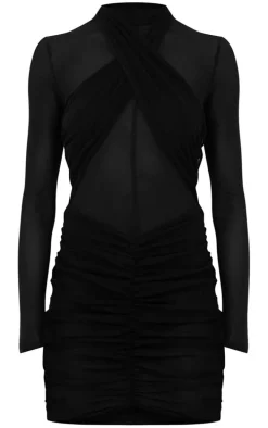 Black Mesh Bodysuit Cross Front Ruched Bodycon Dress