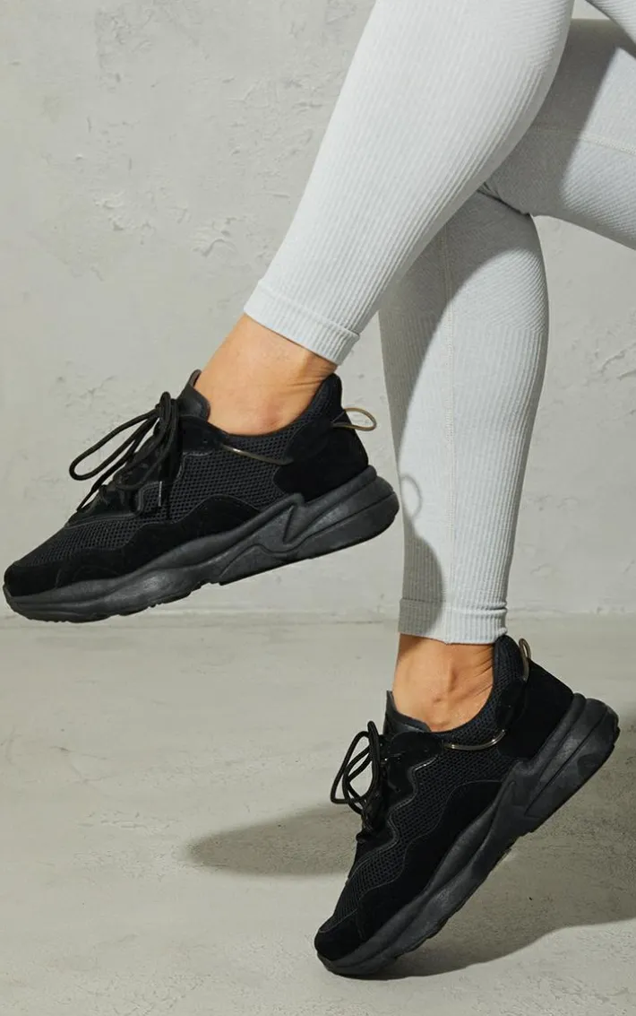 Black Mesh Contrast Lace Up Bubble Sole Sneakers