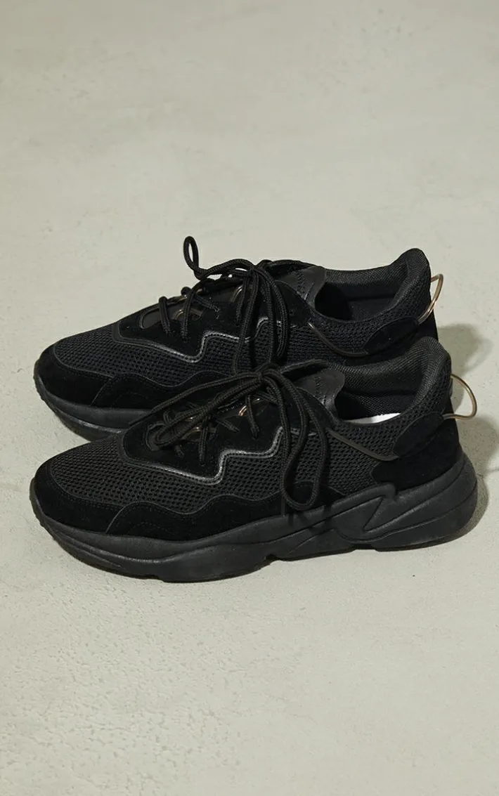 Black Mesh Contrast Lace Up Bubble Sole Sneakers