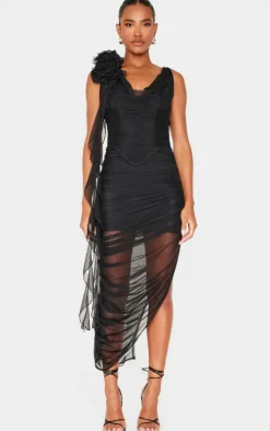 Black Mesh Corsage Detail Ruched Midaxi Dress