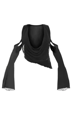Black Mesh Cowl Neck Sleeve Detail Top