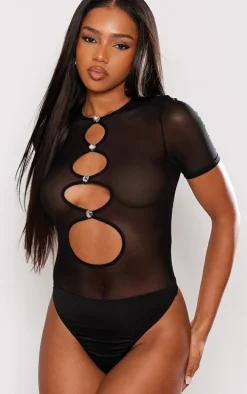 Black Mesh Cut Out Diamante Bodysuit