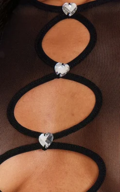 Black Mesh Cut Out Diamante Bodysuit