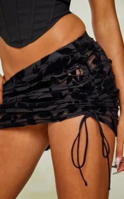 Black Mesh Devore Ruched Side Mini Skirt