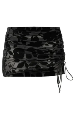 Black Mesh Devore Ruched Side Mini Skirt