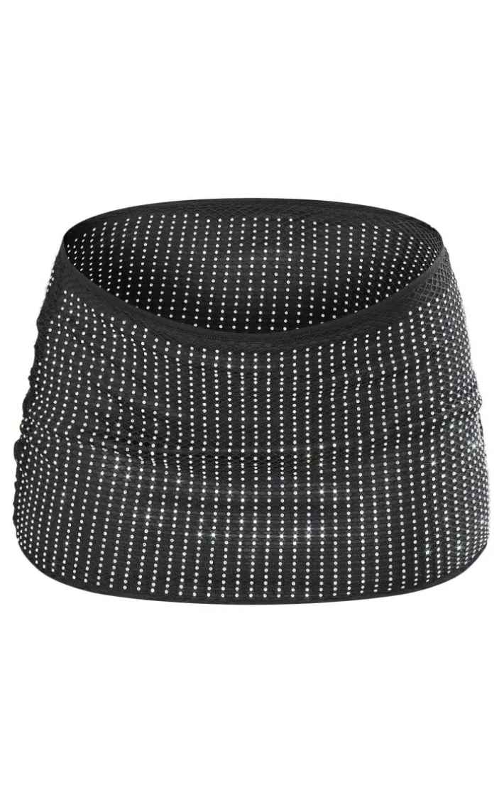 Black Mesh Diamante Low Rise Micro Mini Skirt