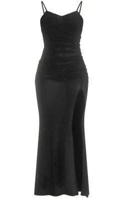 Black Mesh Diamante Ruched Detail Maxi