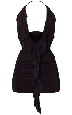 Black Mesh Drape Neck Mini Dress