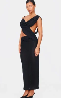 Black Mesh Draped Cut Out Maxi Dress