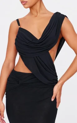 Black Mesh Draped Cut Out Maxi Dress