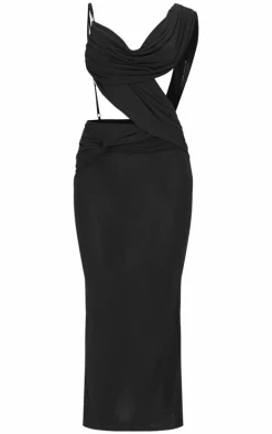 Black Mesh Draped Cut Out Maxi Dress