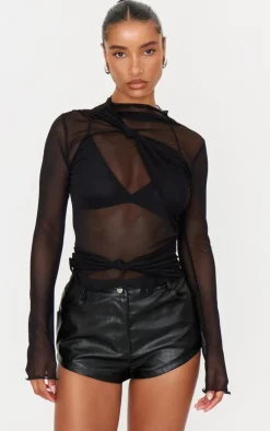 Black Mesh Draping Knot Detail Long Top