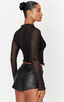 Black Mesh Draping Knot Detail Long Top