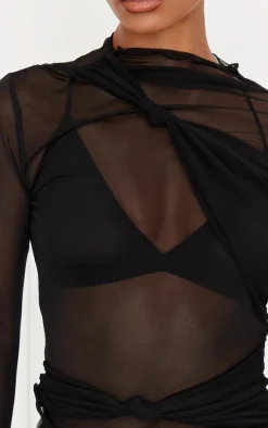 Black Mesh Draping Knot Detail Long Top