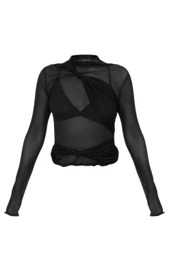 Black Mesh Draping Knot Detail Long Top