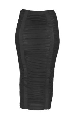 Black Mesh Extreme Ruched Midaxi Skirt