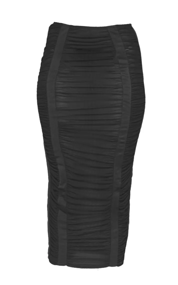 Black Mesh Extreme Ruched Midaxi Skirt