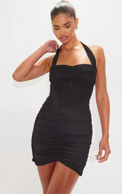 Black Mesh Extreme Ruched Corset Halter Bodycon Dress