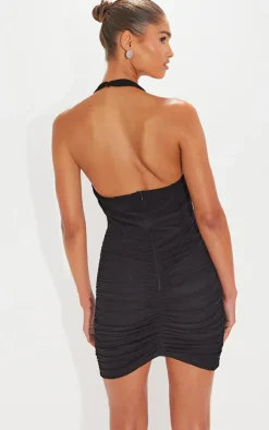 Black Mesh Extreme Ruched Corset Halter Bodycon Dress