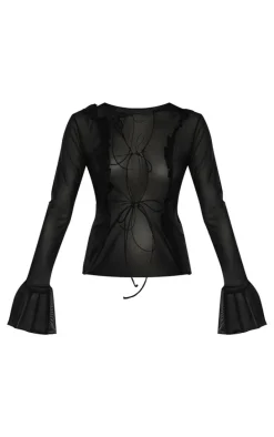 Black Mesh Fitted Tie Front Ruffle Shirt