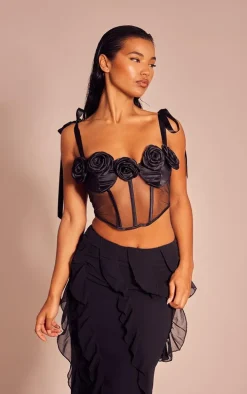 Black Mesh Floral Applique Bow Strap Boned Corset