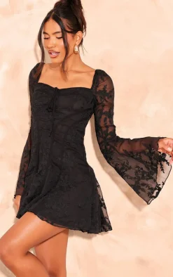 Black Mesh Floral Cup Detail Frill Shift Dress