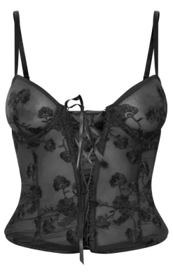 Black Mesh Floral Embroidered Lace Up Corset
