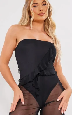 Black Mesh Frill Detail Bandeau Jumpsuit