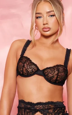 Black Mesh Frill Detail Lace 3 Piece Lingerie Set