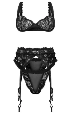 Black Mesh Frill Detail Lace 3 Piece Lingerie Set