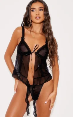 Black Mesh Frill Tie Front Lingerie Set