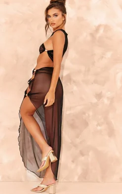 Black Mesh Gold Trim Cut Out Maxi Dress