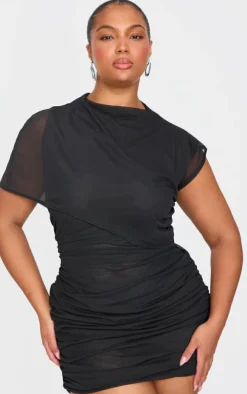 Black Mesh High Neck One Shoulder Mini Dress