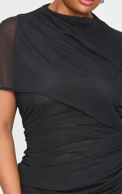 Black Mesh High Neck One Shoulder Mini Dress