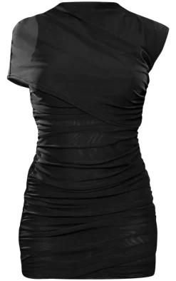 Black Mesh High Neck One Shoulder Mini Dress