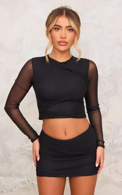 Black Mesh Knot Detail Micro Mini Skirt