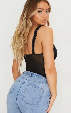 Black Mesh Lace Panel Curved Hem Corset