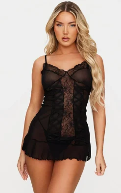 Black Mesh Lace Up Babydoll