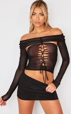 Black Mesh Lace Up Long Top