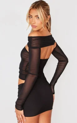 Black Mesh Lace Up Long Top