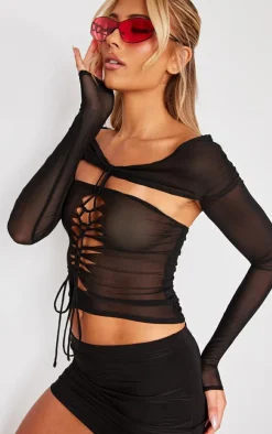 Black Mesh Lace Up Long Top